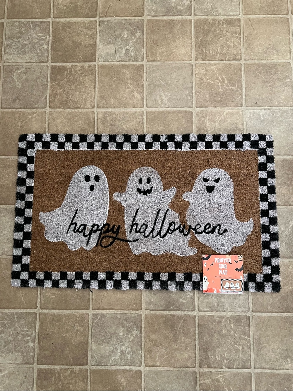 Happy Halloween Checkered Ghost Printed Coir Doormat - Black, White, Brown